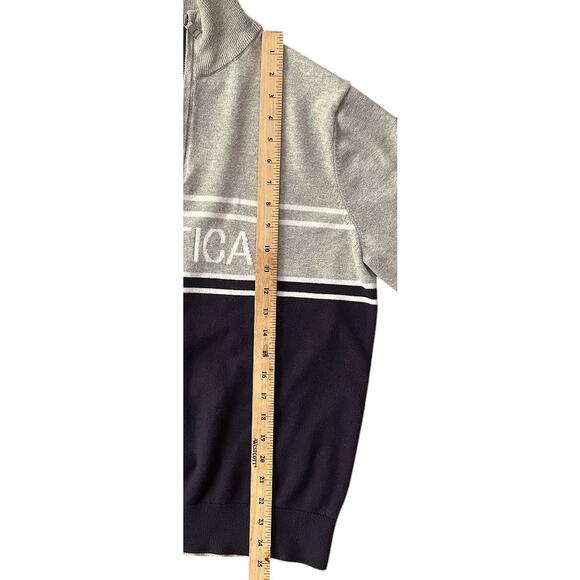 Nautica Gray & Navy Blue 1/4 Zip Cotton Logo Sweater Men's Medium - Picture 2 of 6